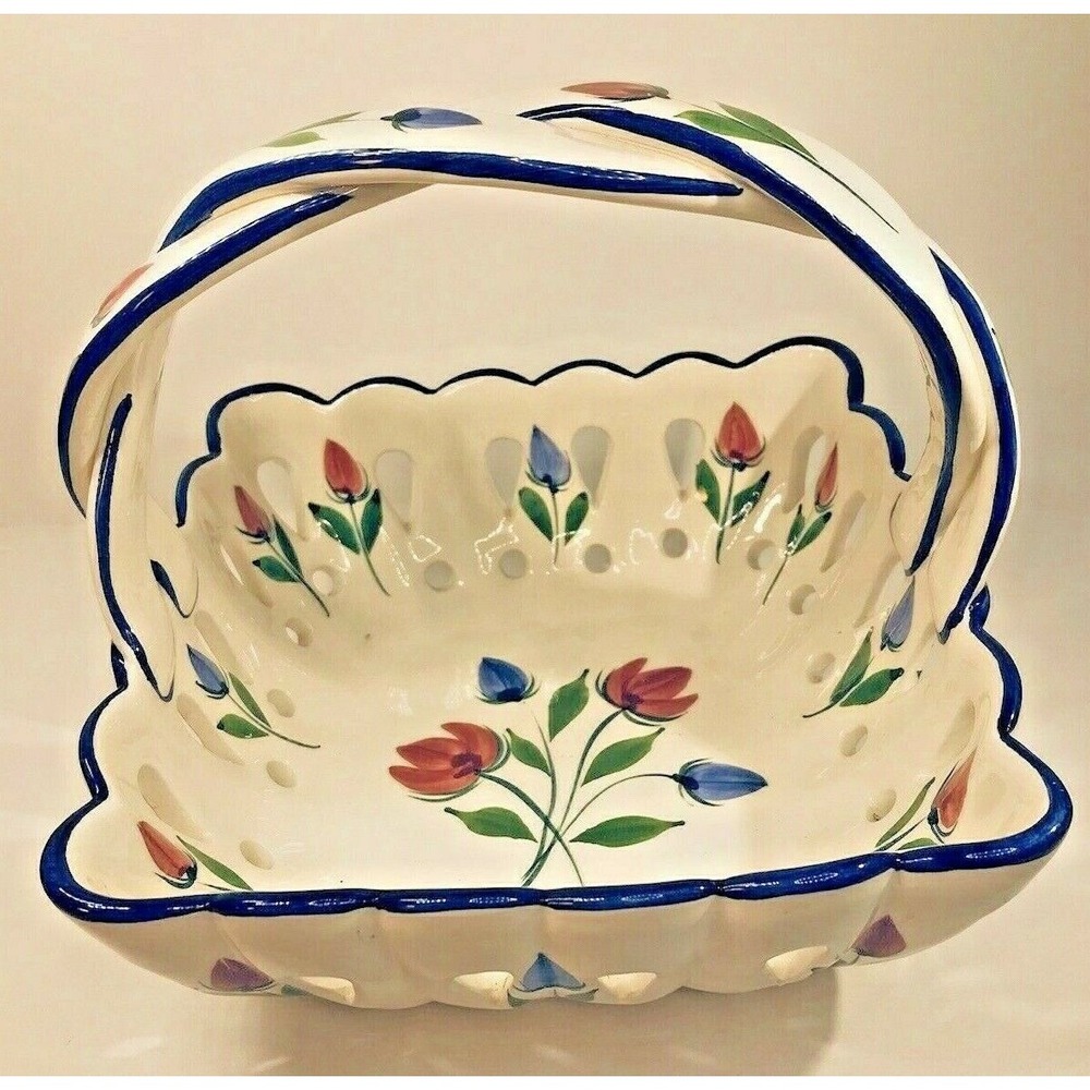 Porcelain Basket Hand Painted Made In Portugal Braided Handle‎ SIGNED